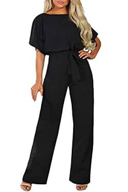 Sweezarmo Damen Elegante Halbe Ärmel Laterne Ärmel Jumpsuit Mit Gürtel Weites Bein Hose Jumpsuit Mittel Schwarz von Sweezarmo