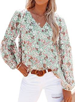 Sweezarmo Damen Sommer Bluse Damen Elegante Oberteile Damen Lässiges Langarmhemd Damen Bedruckte Blusen Damen V-Ausschnitt Blusen, XXL,XX-Large,Grün von Sweezarmo