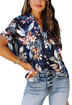 Sweezarmo Damen Sommer Bluse V-Ausschnitt Kurzarm Shirt Lässige Tops Lose Damen Shirts L Größe Blume Eleganz Blau von Sweezarmo