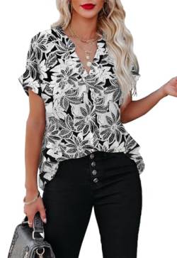 Sweezarmo Damen Sommer Bluse V-Ausschnitt Kurzarm Shirt Lässige Tops Lose Damen Shirts L Größe Elegantes Schwarz-Weiß von Sweezarmo