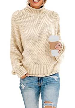 Sweezarmo Eleganter Pullover für Damen, lockerer Pullover, hoher Ausschnitt, lässiges einfarbiges Oberteil, L,Groß,Beige von Sweezarmo