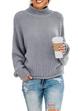 Sweezarmo Eleganter Pullover für Damen, lockerer Pullover, hoher Ausschnitt, lässiges einfarbiges Oberteil, L,Groß,Grau von Sweezarmo