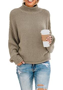 Sweezarmo Eleganter Pullover für Damen, lockerer Pullover, hoher Ausschnitt, lässiges einfarbiges Oberteil, L,Groß,Khaki von Sweezarmo