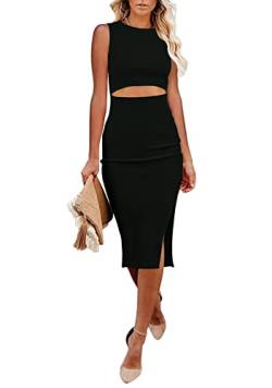 Sweezarmo Sommerkleid Damen Cocktailkleid Damen Ärmelloses Kleid Sommer Rundhalsausschnitt Slim Wrap Split Party Style Kleider Damen CocktailkleidXL X-Large Schwarz von Sweezarmo