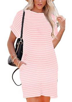 Sweezarmo Sommerkleid Damen Knielang Casual Strandkleid A-Linie Kurzarm Kleid Gestreifte Loose Swing Freizeitkleid(Taschen an der Taille) L Große Rosa gestreift von Sweezarmo