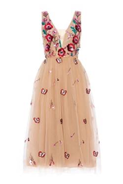 Swing Fashion Midikleid Damen | Elegantes Kleid | Festliches Kleid | Partykleid | Abendkleid | Hochzeitskleider | Abschlussballkleid | Ballkleid | V-Ausschnitt | Ärmellos | Beige | 36 (S) von Swing Fashion