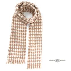 SwirlColor Hahnentritt Schal, Hahnentritt-Schal Weicher Bequemer Mehrzweck-langer Schal für Frauen Männer im Herbst-Winter-Frühling 1pcs, mit Klipp-Brosche 1 PC (Khaki und Weiß) von SwirlColor