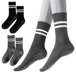 SwirlColor Yoga Socken, 2 Paare Lange Yoga Socken mit Griffen Baumwolle Pilates Griff Socken Fall Prevention Griff Socken mit Streifen für Frauen Mädchen -Schwarz und Grau von SwirlColor