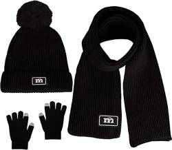 Kinder Bobbie Mütze Schal und Touchscreen-Handschuhe Set, Premium Core Spinngarn Strickwolle Winter Thermik Zubehör Set 3 in 1 für Jungen und Mädchen 2-10 Jahre (Schwarz) von Swygoo