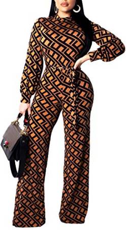 Sexy Damen-Jumpsuits, elegant, langärmelig, gerade, lange Hose, Clubwear, Strampler mit Taschen, Orange/Abendrot im Zickzackmuster (Sunset Chevron), Medium von SxClub