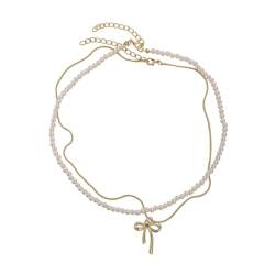 Sxett Doppellagige Perlen-Choker-Halskette mit Schleifen-Charm, Temperament-Schlüsselbeinkette, perfekte Ergänzung zu jedem Outfit, Zink von Sxett