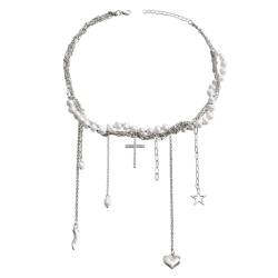 Sxett Schicke mehrlagige Perlen-Halskette mit unverwechselbarer Charm-Kette, Choker-Halskette, Modeschmuck, Geschenk für Frauen und Mädchen, Zink von Sxett