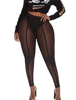 Sxglamr Damen Durchsichtige Leggings Sexy Elastische Bleistift Sheer Hosen Schwarz Mesh Hohe Taille Casual Strumpfhosen, Transparent, Schwarz, S von Sxglamr