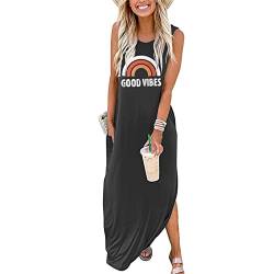 Sxkayxr Damen Sommer Ärmelloses Maxikleid Casual Lose Strand Good Vibes Tshirt Kleider mit Taschen, dunkelgrau, Medium von Sxkayxr