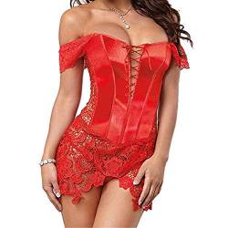 Sxybox Damen Faux Leder Korsett Korsage Gothic Sexy Dessous Corsagenkleid Vollbrust Korsagenkleid Corsage Clubwear,Rot,3XL von Sxybox