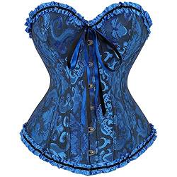 Sxybox Damen Korsett Bauchweg Vollbrust Corsage Wäsche schnürt Sich Oben Satin ohne Knochen mit G-String,Blau,4XL von Sxybox