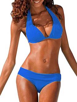 Damen-Bikini-Set mit Neckholder, gepolstert, Push-Up-Bikini, zweiteilig, Badeanzüge, Strandmode, blau, Medium von SySea