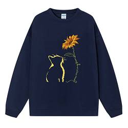 Sybnwnwm Sweatshirt Blume Katze Print Langarm Tops Pullover Bluse Shirts Pullover für Frauen, navy, M von Sybnwnwm