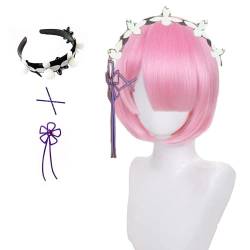 Kurzen Rosa Perücke für Ram Cosplay Mädchen Frauen Nette Anime Bob Perücken mit Pony für Halloween, mit Stirnband, X stud, Blume Bogen von Syedeliso