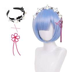 Rem Perücke mit Stirnband X Pins Blume Bogen, Anime Rem Cosplay Perücke, kurze Blau Bob Perücke für Frauen Mädchen von Syedeliso