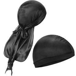 2 Stücke Seidig Durag Kappen Elastische Kappe Lang Schwanz Kopfwickel, Schwarz von Syhood