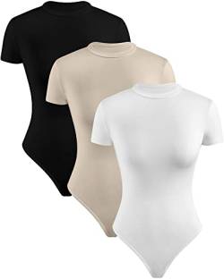 3 Stück Damen Rundhals Bodys Kurzarm Slim Fit Jumpsuit Basic Bodysuit Tops T-Shirts, Schwarz Khaki Weiß, Weiß, Schwarz und Khaki, XL von Syhood