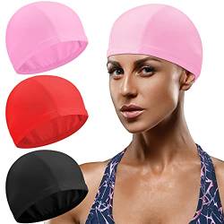 3 Stücke Einfarbige Badekappe Nylongewebe Schwimmmütze Unisex Badekappe Anti-Rutsch Schwimmbad Kappe für Langes und Kurzes Haar Bad Schwimmen und Sportler (Schwarz, Rosa, Rot) von Syhood