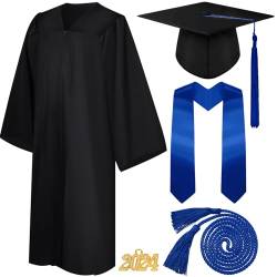 4 Stück 2024 Unisex Graduation Matte Kleid Kappe Quaste Stola Set Honor Cord 2023 Charm für Abschluss, Schwarz, Königsblau, 54 von Syhood