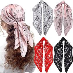 4 Stück 68,6 cm Satin Stirnband Schals Seide Gefühl Bandana Boho Kopftücher für Frauen Mädchen, Schwarz, Rot, Rosa, Grau, 27 Inch (Pack of 4) von Syhood