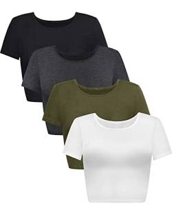 4 Stück Damen Basic Tight Kurzarm Frauen Niedlich Trendy Crop Tops U-Ausschnitt Crop für Frauen oder Teenager Mädchen, Schwarz, Weiß, Dunkelgrau, Armeegrün, Klein von Syhood