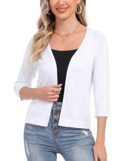 Sykooria Cardigan Damen Sommer Kurz 3/4 Ärmel Strickjacke Open Front Bolero Jäckchen Festlich Leicht Kurzjacke Elegant Bolerojacke, Weiß L von Sykooria