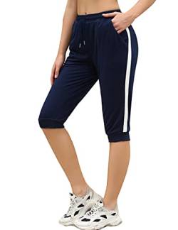 Sykooria Damen 3/4 Jogginghose Trainingshose High Waist Sporthose Yoga Hosen Freizeithose Sweathose Baumwolle für Laufen Yoga Fitness, 816-Dunkelblau, L von Sykooria