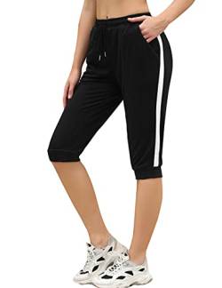 Sykooria Damen 3/4 Jogginghose Trainingshose High Waist Sporthose Yoga Hosen Freizeithose Sweathose Baumwolle für Laufen Yoga Fitness, 816-Schwarz, L von Sykooria