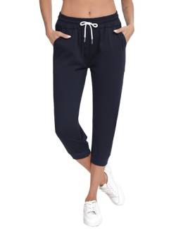 Sykooria Damen 3/4 Jogginghose Trainingshose High Waist Sporthose Yoga Hosen Freizeithose Sweathose Baumwolle für Laufen Yoga Fitness, Dunkelblau M von Sykooria