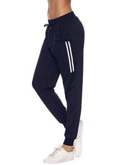 Sykooria Damen Jogginghose Sporthose Lang Yoga Hosen Freizeithose Laufhosen Baumwolle High Waist Trainingshose für Frauen mit Streifen-Streifen B-dunkelblau-L von Sykooria