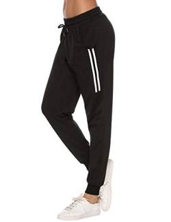 Sykooria Damen Jogginghose Sporthose Lang Yoga Hosen Freizeithose Laufhosen Baumwolle High Waist Trainingshose für Frauen mit Streifen-Streifen B-schwarz-XL von Sykooria