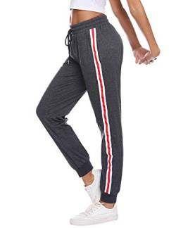 Sykooria Damen Jogginghose Sporthose Lang Yoga Hosen Freizeithose Laufhosen Baumwolle High Waist Trainingshose für Frauen mit Streifen-Streifen-dunkelgrau-L von Sykooria