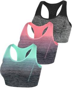 Sykooria Damen Sport BH Gepolstert Bustier Damen BH ohne Buegel Racerback Push up BH mit Farbverlauf Sport Top für Yoga Fitness, Schwarz+Grün+Pink, L von Sykooria