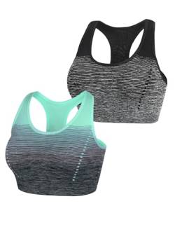 Sykooria Damen Sport BH Gepolstert Bustier Damen BH ohne Buegel Racerback Push up BH mit Farbverlauf Sport Top für Yoga Fitness, Schwarz+Grün, M von Sykooria