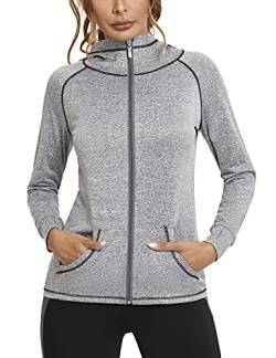 Sykooria Damen Sweatjacke Langarm Trainingsjacke Laufjacke Hoodie Leichte Atmungsaktiv Sportjacke voll Zip Kapuzenjacke mit Daumenloch und Seitentasche Fitness von Sykooria