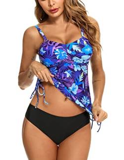 Sykooria Damen Tankini Bauchweg Set Frauen Tankini-Set Push-Up-Badeanzug Swimwear Bademode Bikinihosen Badebekleidung Zweiteilig, Lila Blaue Blume S von Sykooria