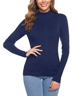 Sykooria Feinstrickpullover Damen Langarm Strickpullover Rundhals Mock Neck Elegant Rollkragenpullover Solide Pullover Basis Winterpullover für Herbst Winter Blau XL von Sykooria