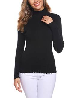 Sykooria Feinstrickpullover Damen Langarm Strickpullover Rundhals Mock Neck Elegant Rollkragenpullover Solide Pullover Basis Winterpullover für Herbst Winter Schwarz M von Sykooria