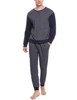 Sykooria Herren Schlafanzug lang mit Bündchen aus Baumwolle Zweiteiliger Pyjama Herren lang, Langarm Shirt & Schlafanzughose, C-Dunkelgrau XL von Sykooria