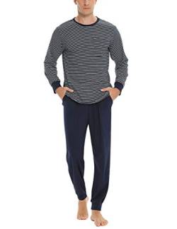 Sykooria Herren Schlafanzug lang mit Bündchen aus Baumwolle Zweiteiliger Pyjama Herren lang, Langarm Shirt & Schlafanzughose, Dunkelblau XL von Sykooria