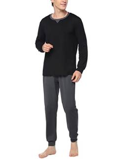 Sykooria Herren Schlafanzug lang mit Bündchen aus Baumwolle Zweiteiliger Pyjama Herren lang, Langarm Shirt & Schlafanzughose, Schwarz L, AMB00528_B_L von Sykooria