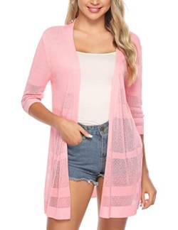 Sykooria Leichte Cardigan Damen Strickjacke Lang Casual Elegant Weich Drapierte Strickjacke Langarm und 3/4 Ärmel Strick Cardigan,Rosa M von Sykooria