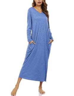 Sykooria Nachthemd Damen Lang Baumwolle Gestreifter Nachtkleid Morgenmantel Stillnachthemd Sleepwear mit Taschen, A-Blau 2, XL von Sykooria