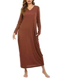 Sykooria Nachthemd Damen Lang Baumwolle Gestreifter Nachtkleid Morgenmantel Stillnachthemd Sleepwear mit Taschen, A-Dunkelorange, L von Sykooria