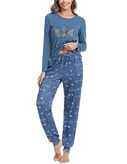 Sykooria Schlafanzug Damen Lang aus Baumwolle Langarm V-Ausschnitt Kontrastkante Design Zweiteilige Pyjama Damen Set Oberteile & Pyjamahosen, A-PAT2, XXL von Sykooria